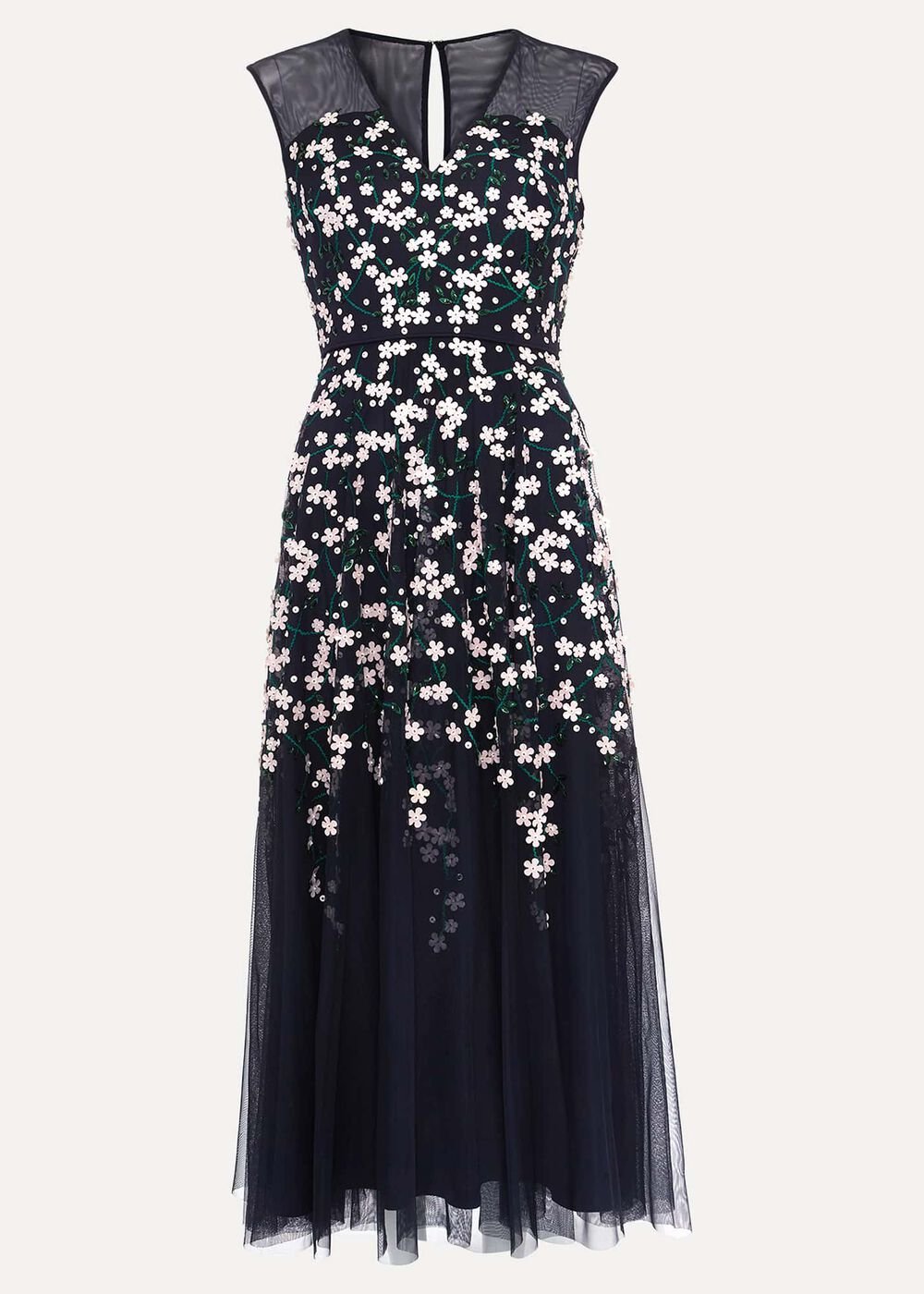 Ellen Blossom Beaded Midi Dress - Navy