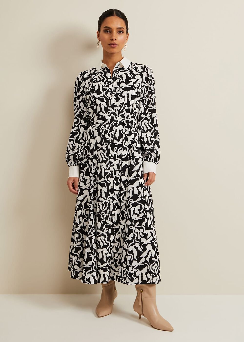 Petite Bonnie Black Bow Shirt Midi Dress - Black/Ivory