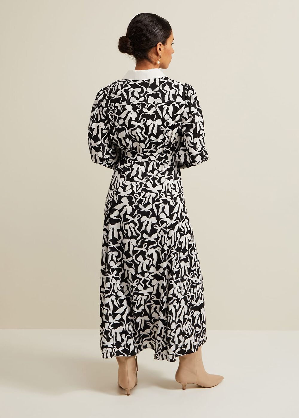 Petite Bonnie Black Bow Shirt Midi Dress - Black/Ivory