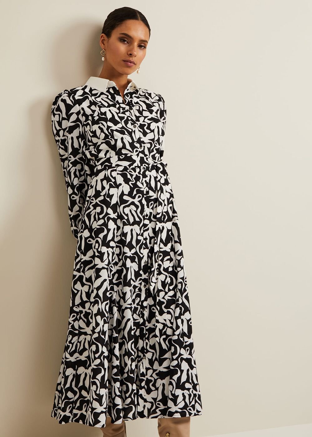 Petite Bonnie Black Bow Shirt Midi Dress - Black/Ivory