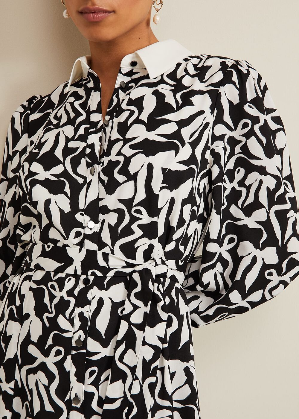 Petite Bonnie Black Bow Shirt Midi Dress - Black/Ivory