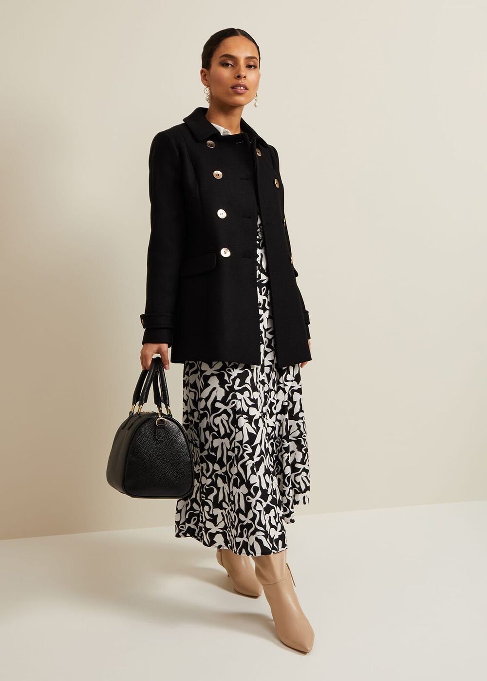 Petite Bonnie Black Bow Shirt Midi Dress - Black/Ivory