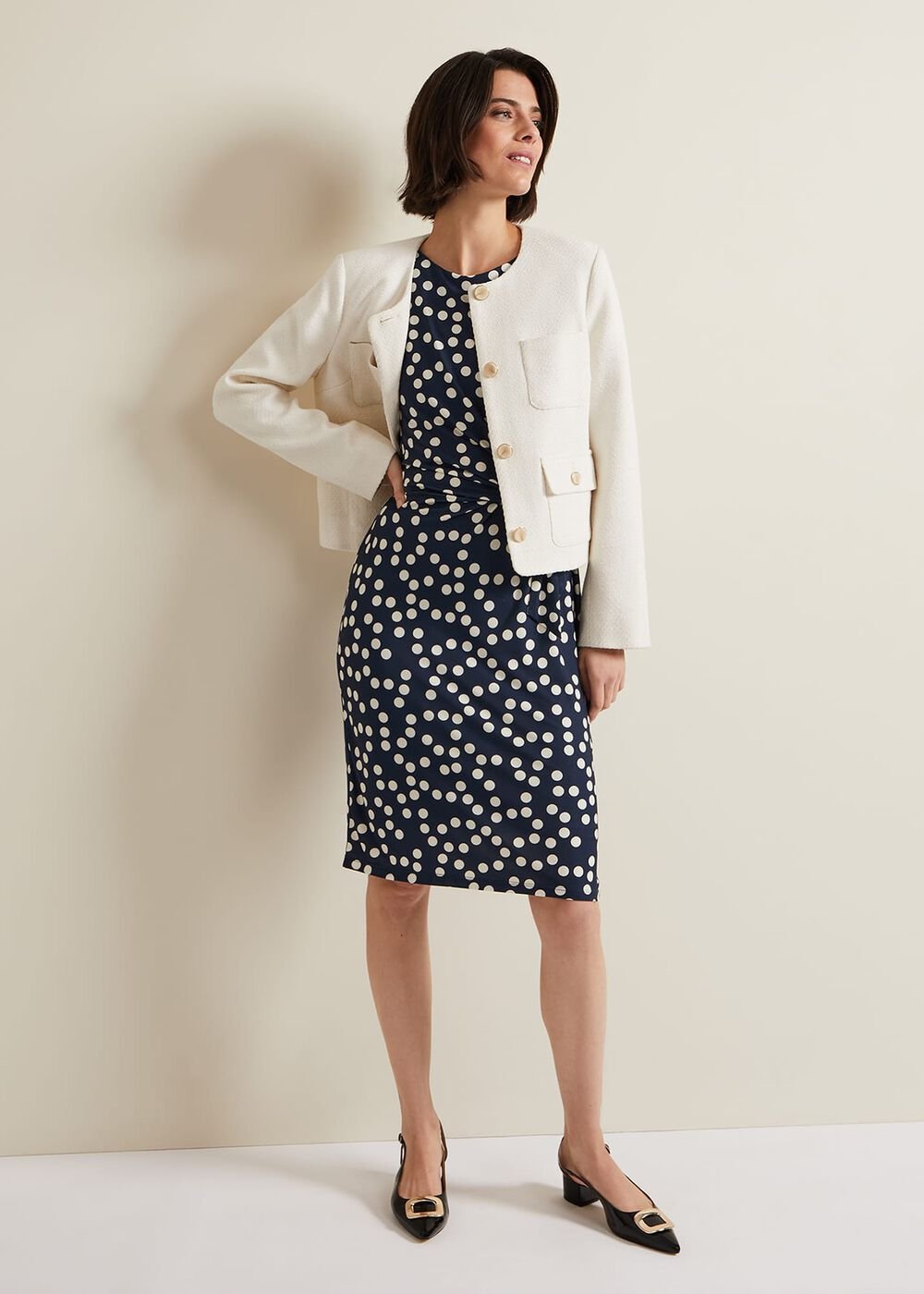Josey Jersey Spot Bodycon Midi Dress - Navy/Ivory