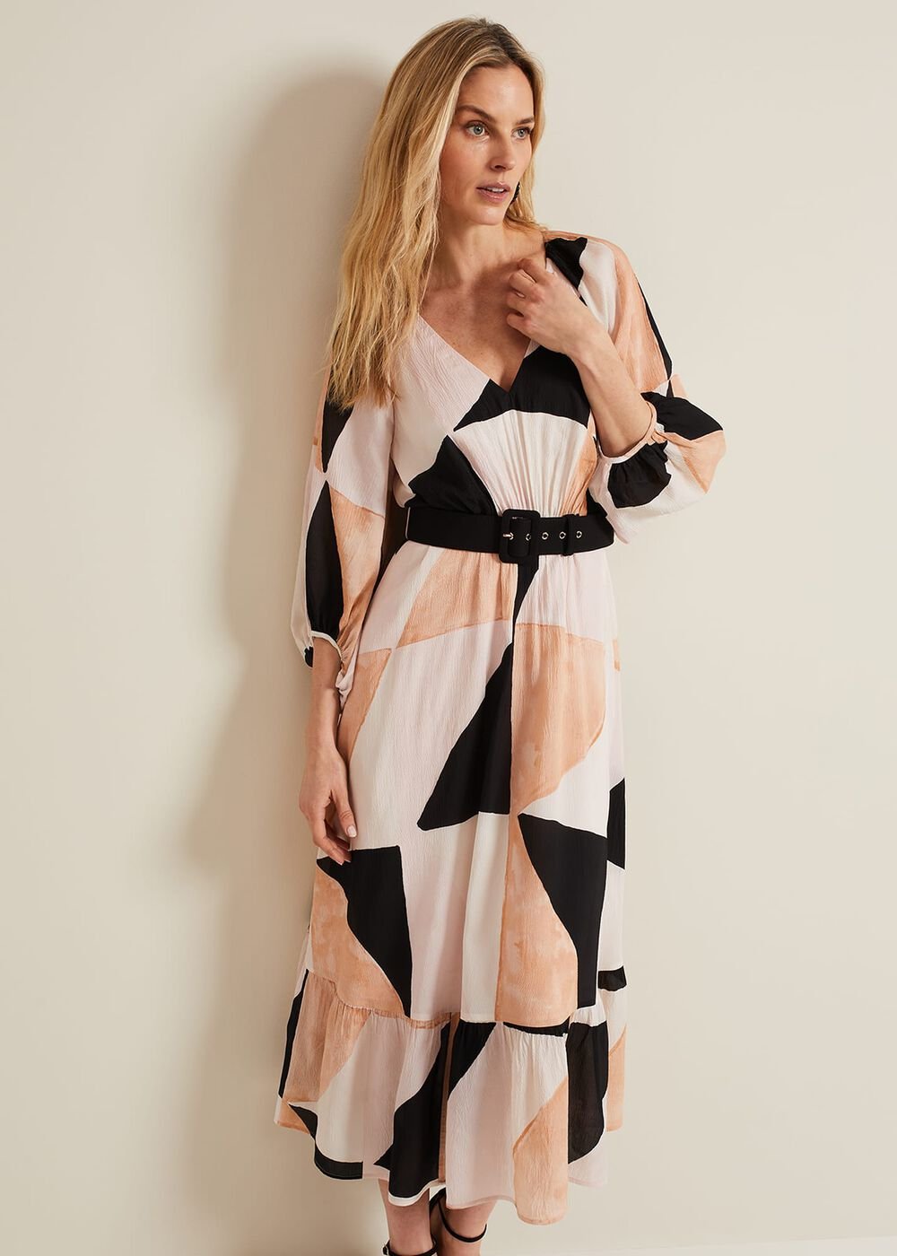 Sophia Colourblock Belted Midi Dress - Multi-Coloured
