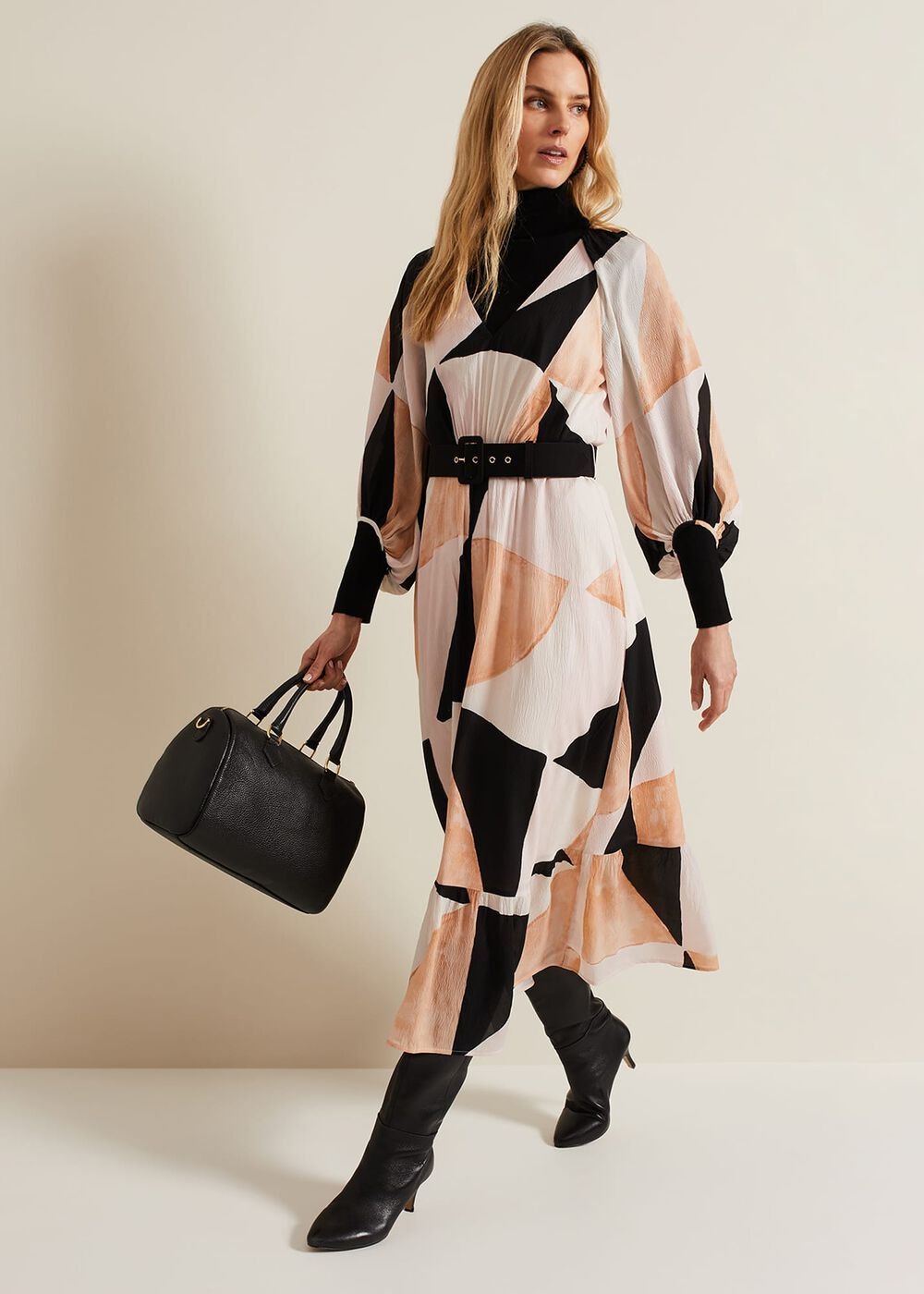 Sophia Colourblock Belted Midi Dress - Multi-Coloured