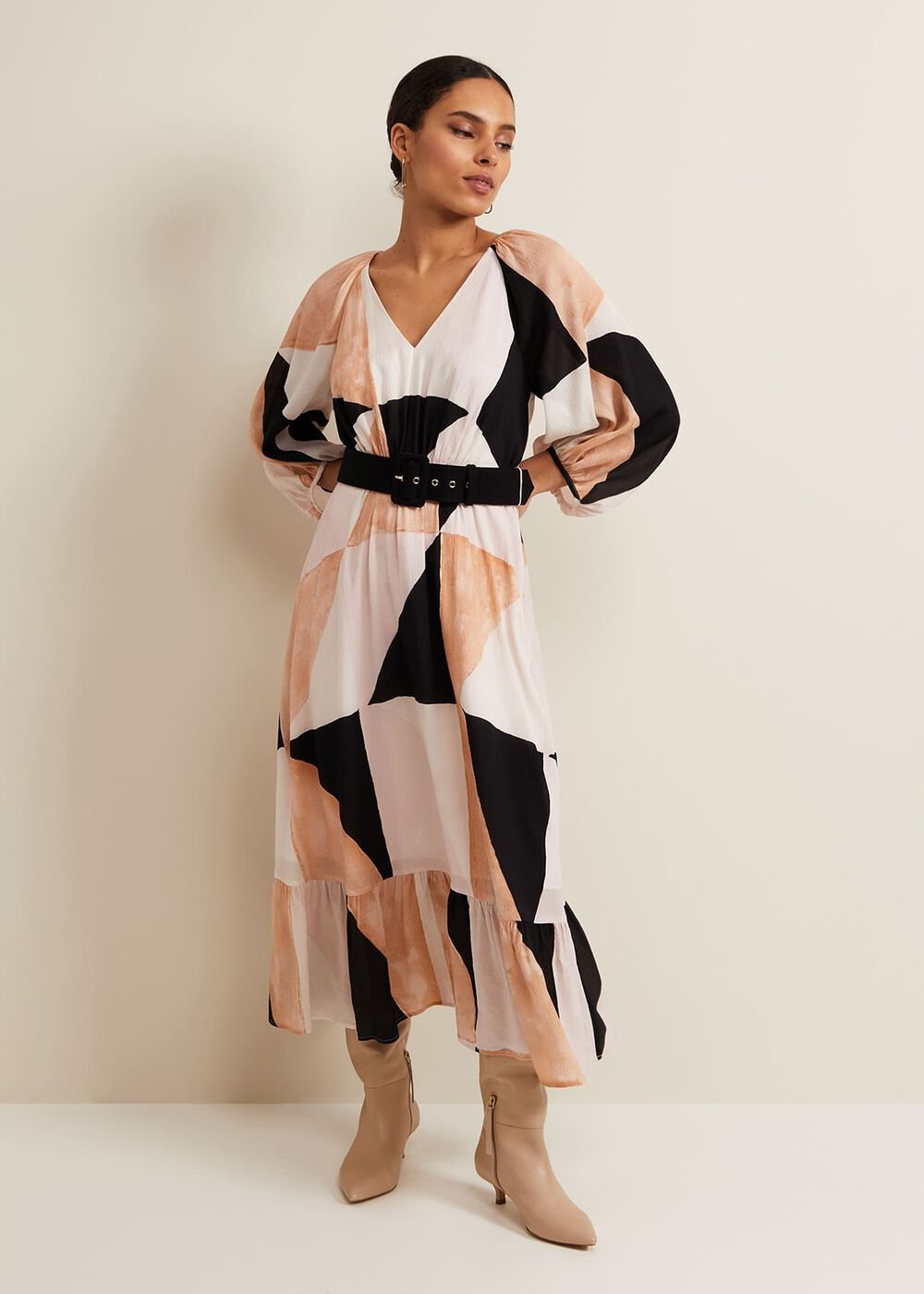 Petite Sophia Colour Block Belted Dress - Multi-Coloured