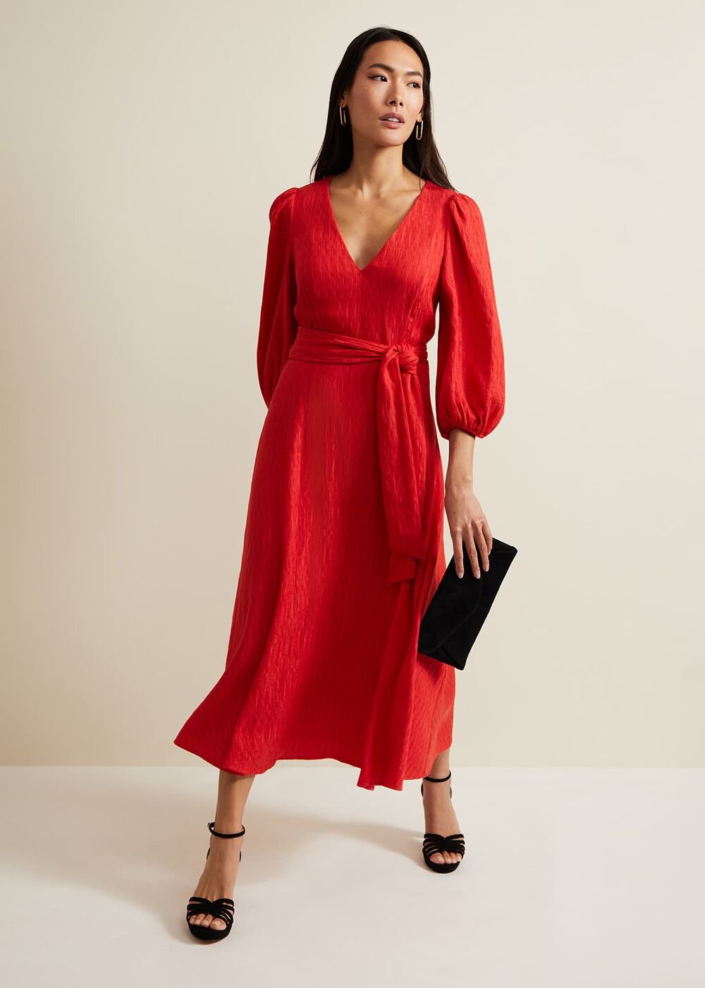 Marilyn Puff Sleeve Midi Dress - Orange