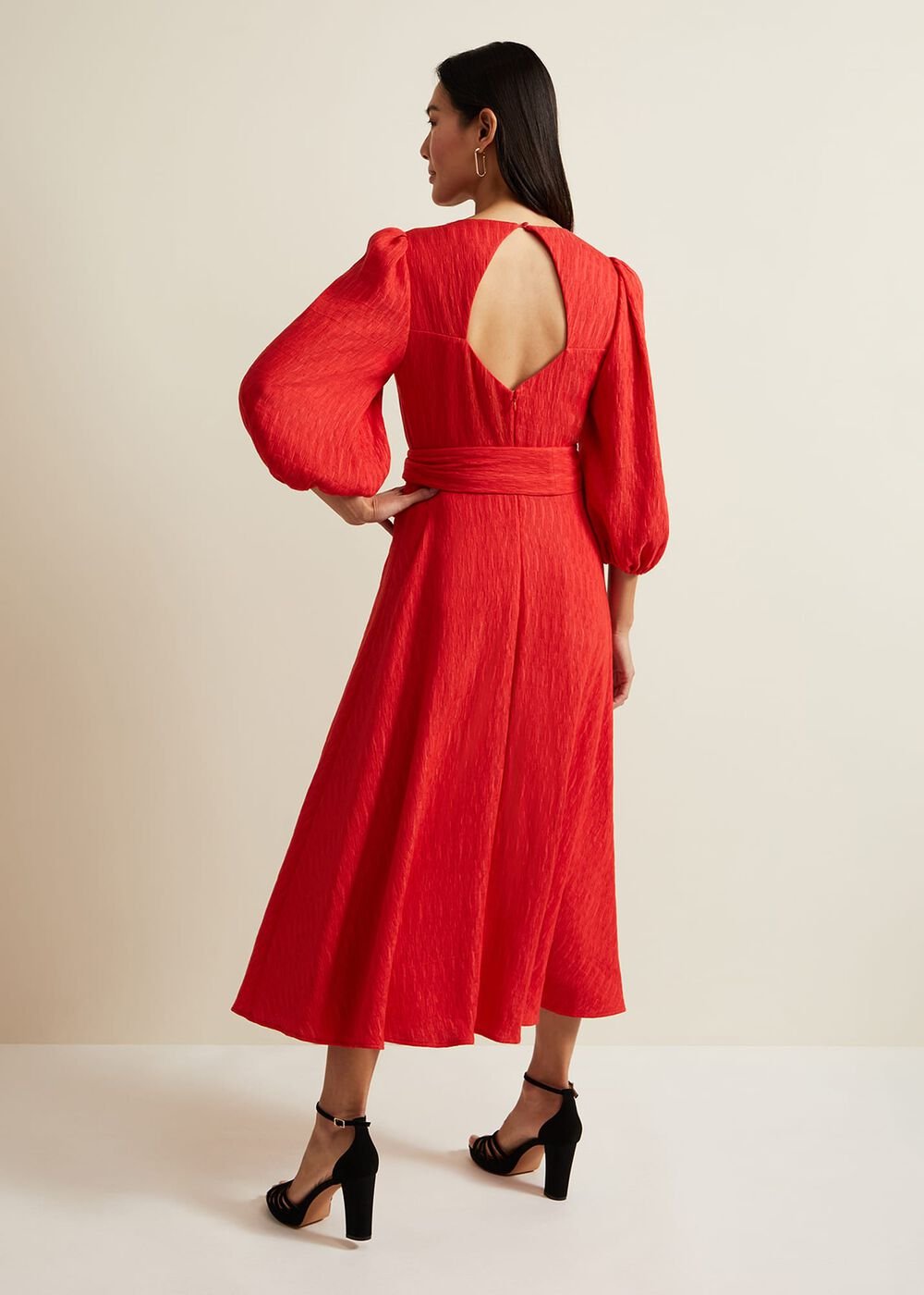 Marilyn Puff Sleeve Midi Dress - Orange