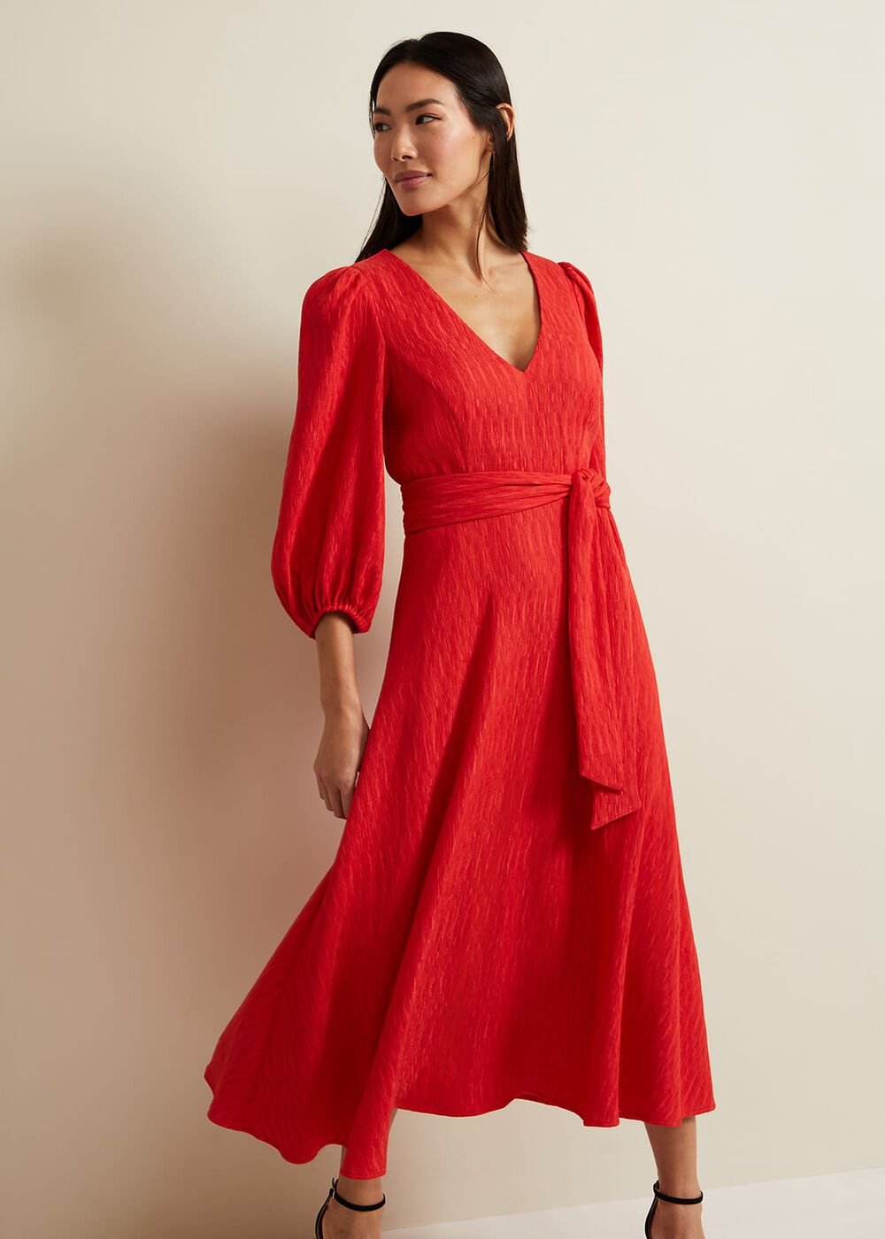 Marilyn Puff Sleeve Midi Dress - Orange