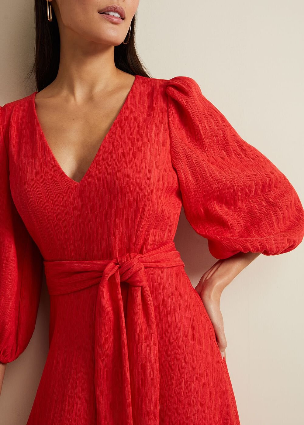 Marilyn Puff Sleeve Midi Dress - Orange