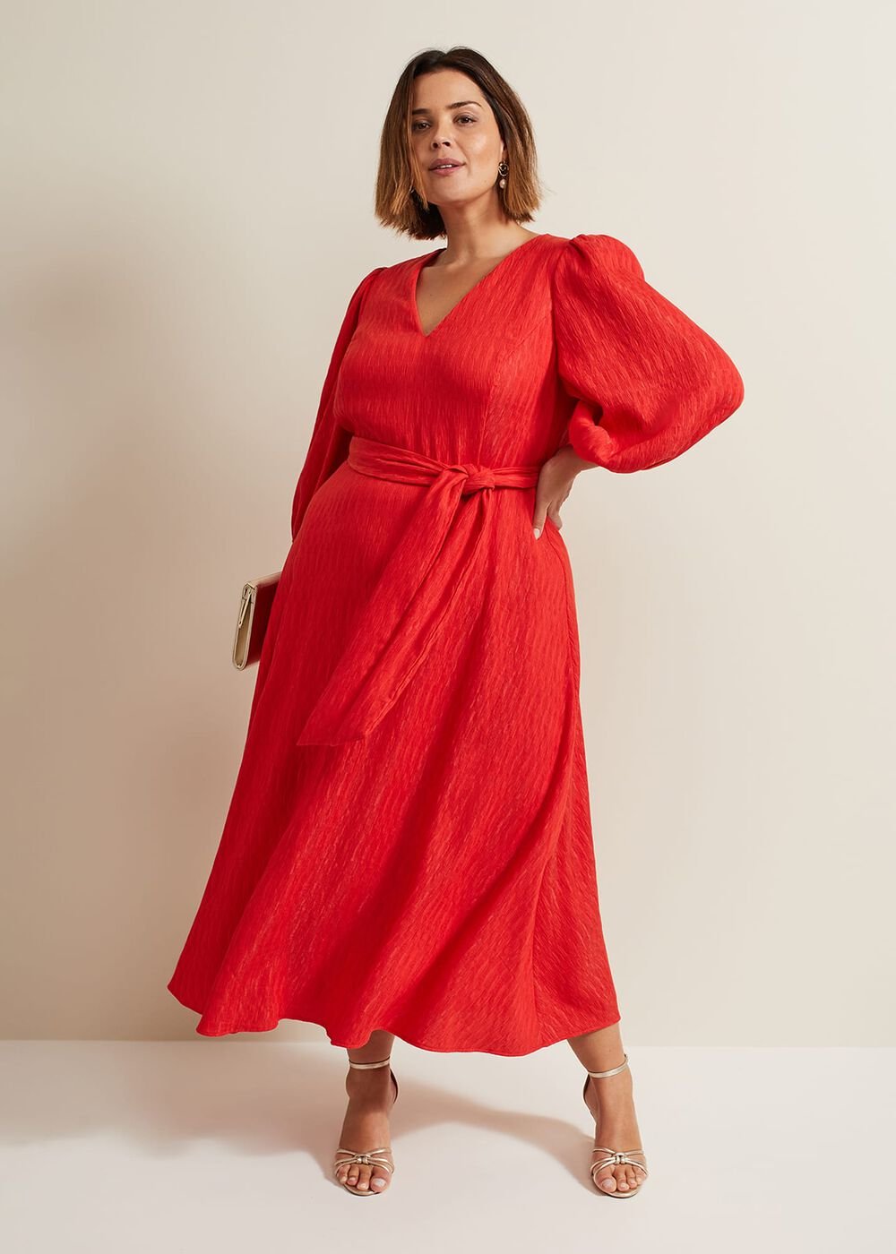 Marilyn Puff Sleeve Midi Dress - Orange