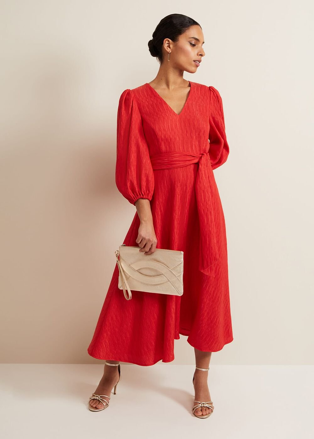 Petite Marilyn Puff Sleeve Midi Dress - Orange