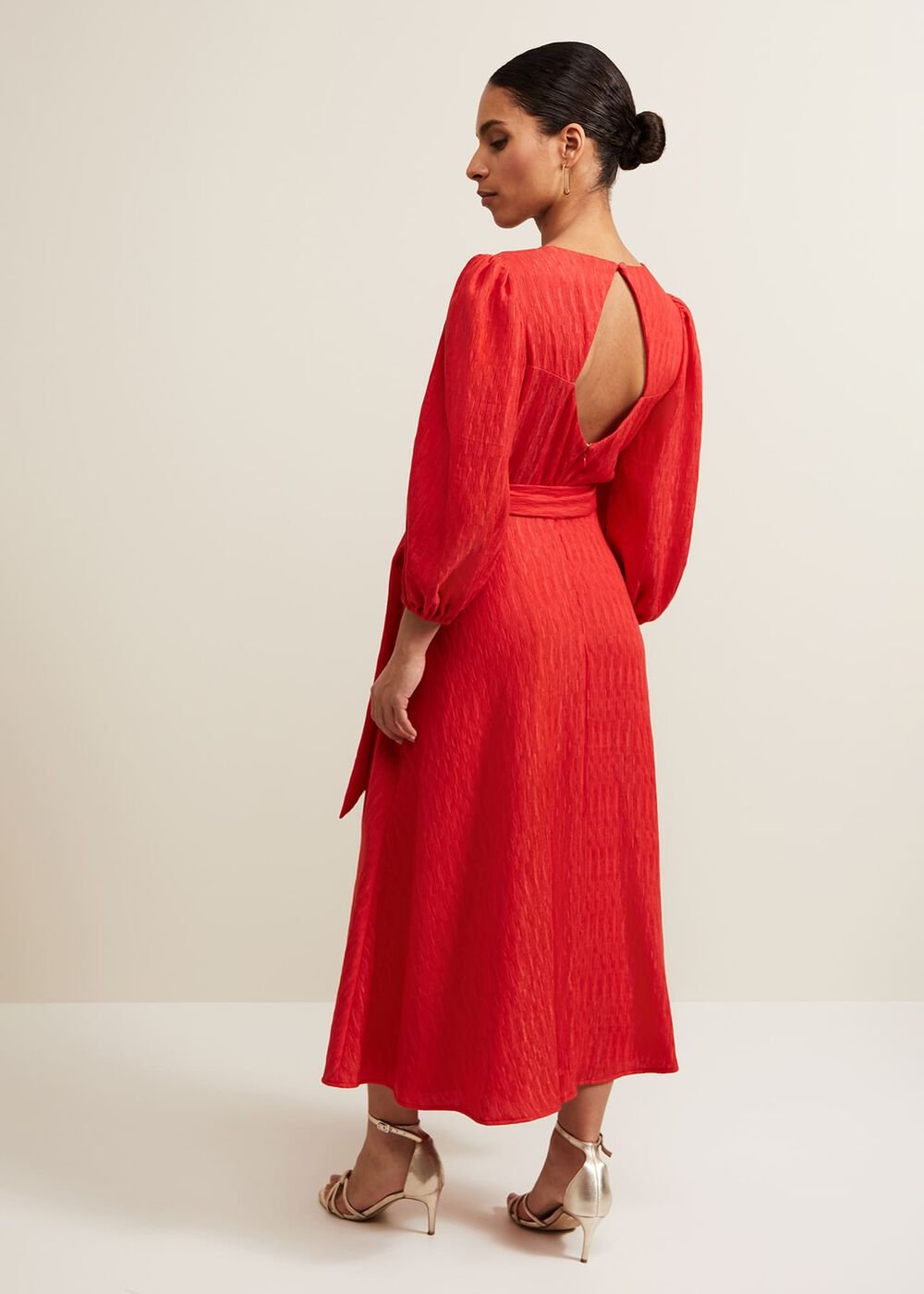 Petite Marilyn Puff Sleeve Midi Dress - Orange