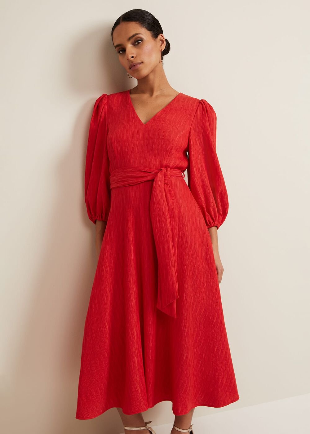 Petite Marilyn Puff Sleeve Midi Dress - Orange