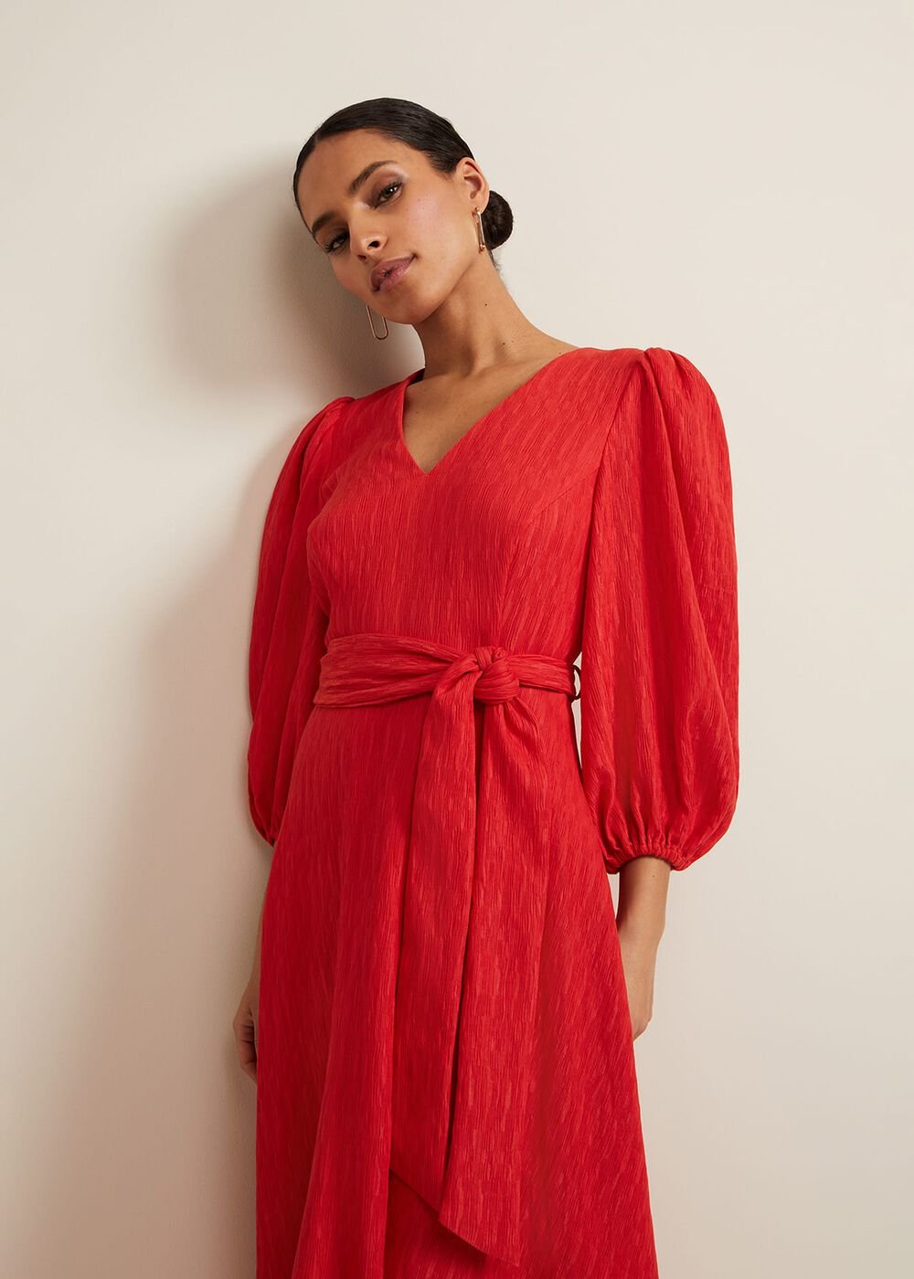 Petite Marilyn Puff Sleeve Midi Dress - Orange