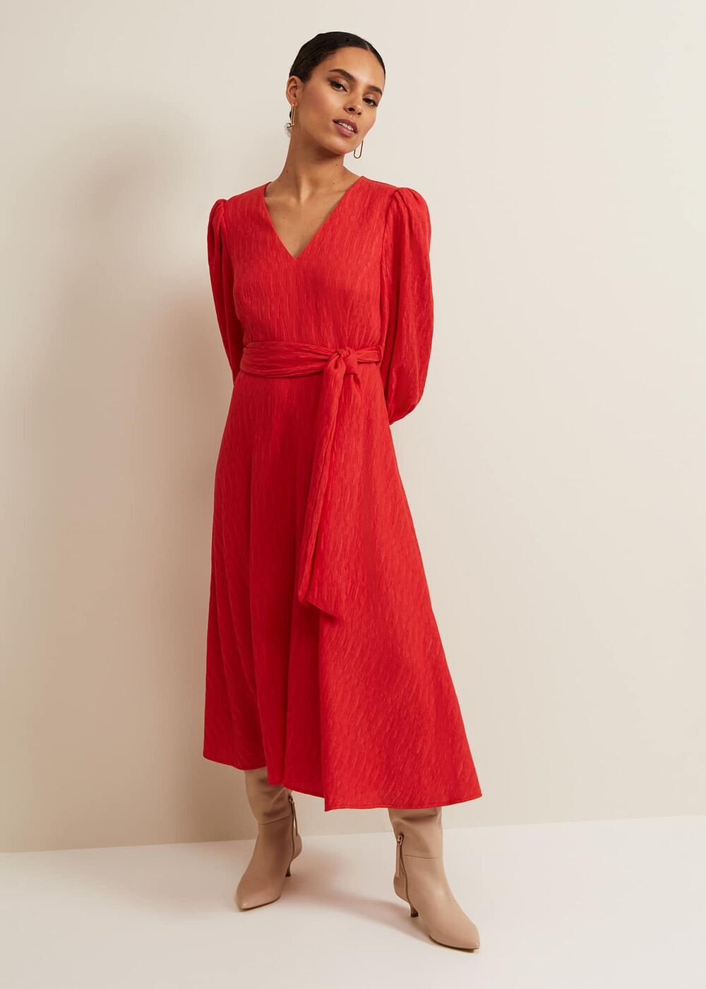 Petite Marilyn Puff Sleeve Midi Dress - Orange