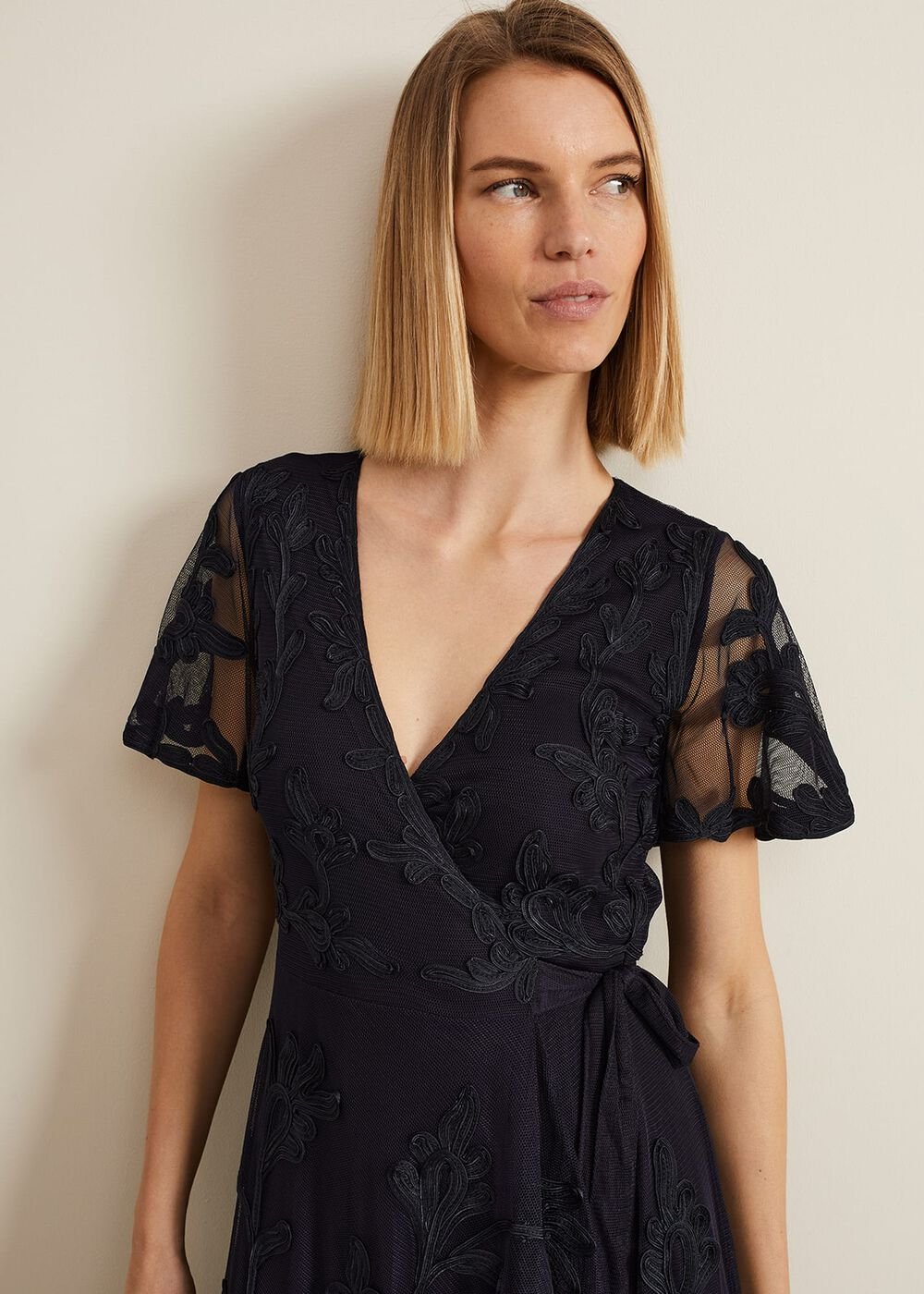 Clara Tapework Wrap Dress - Navy