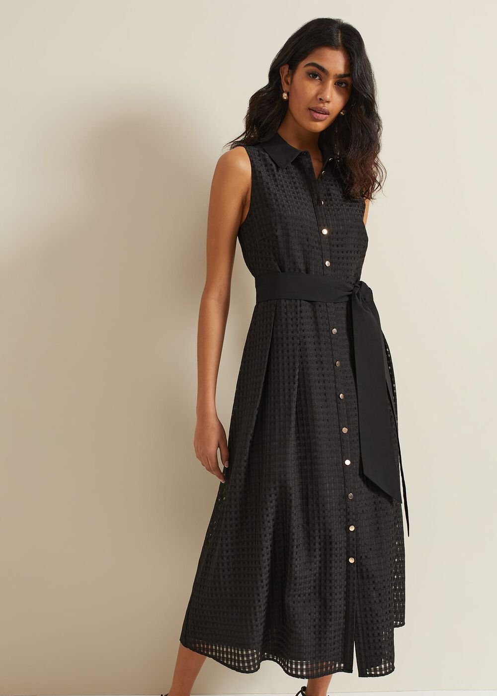Carey Sleeveless Check Midi Dress - Black