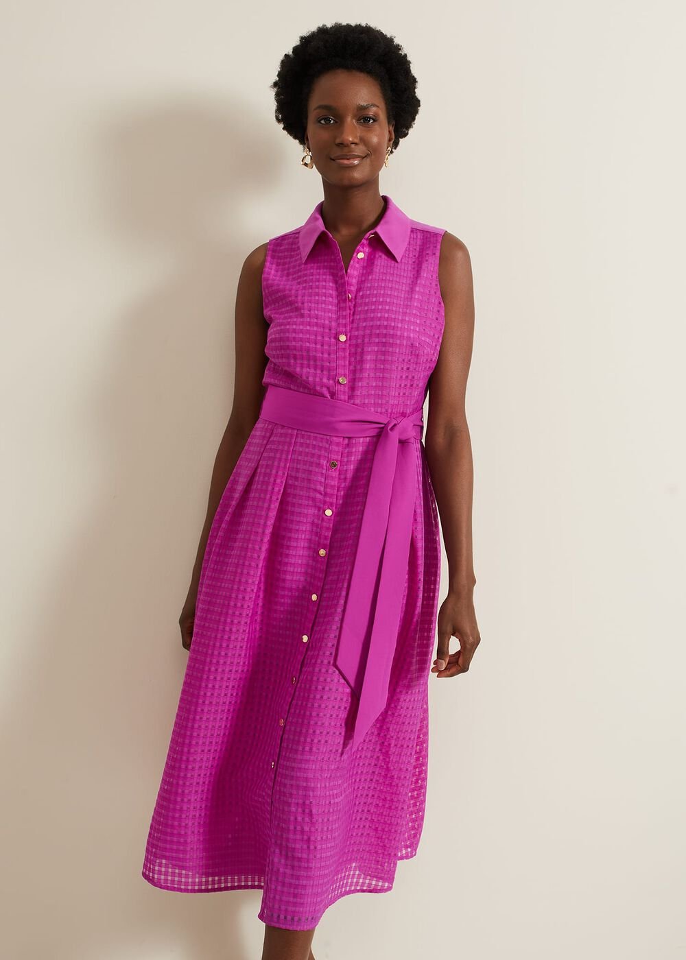 Carey Sleeveless Check Midi Dress - Pink