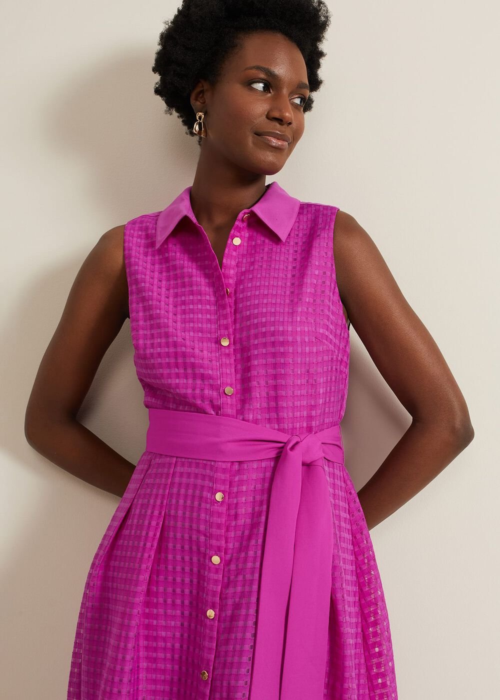 Carey Sleeveless Check Midi Dress - Pink