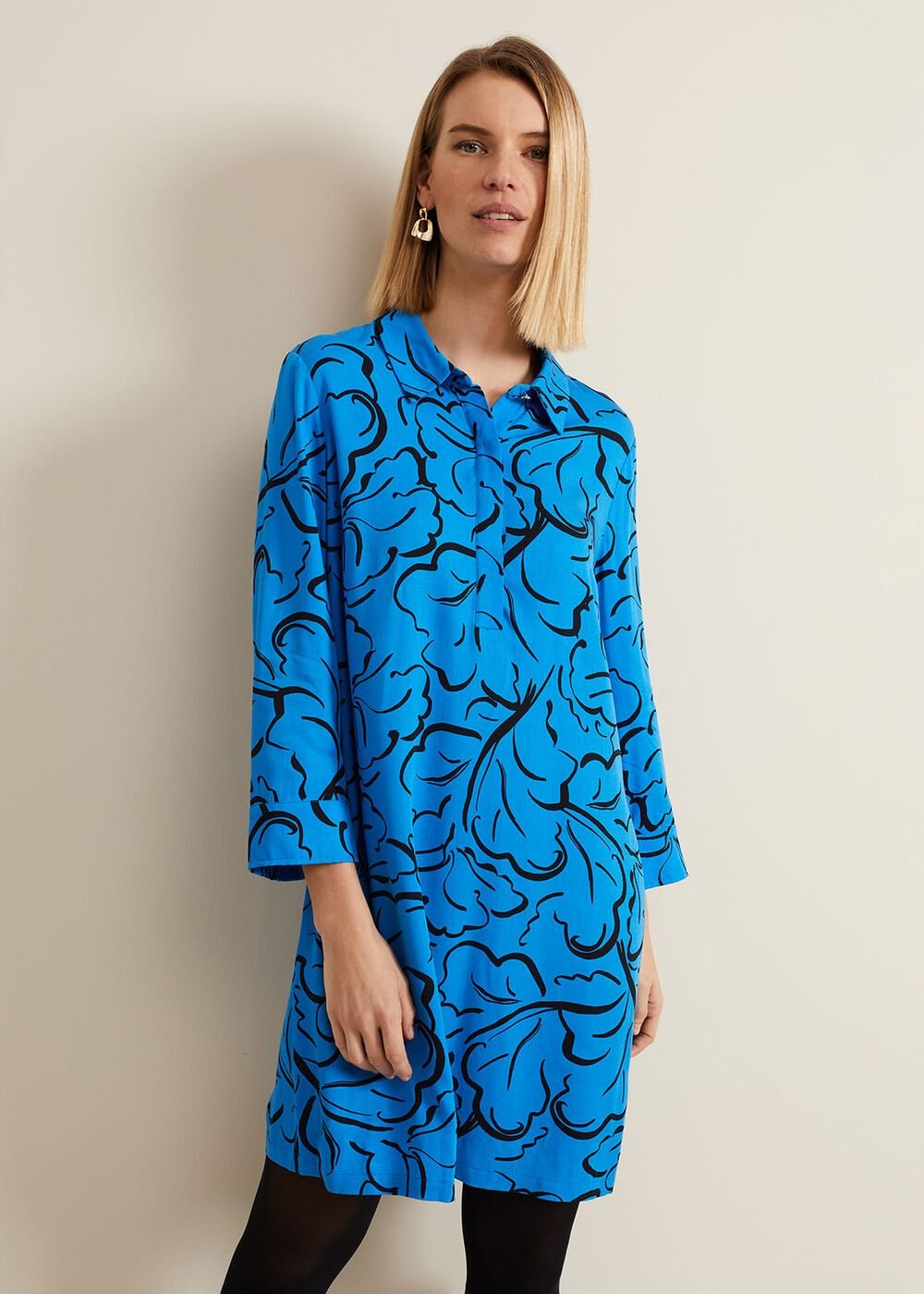 Marina Leaf Print Tunic Dress - Blue