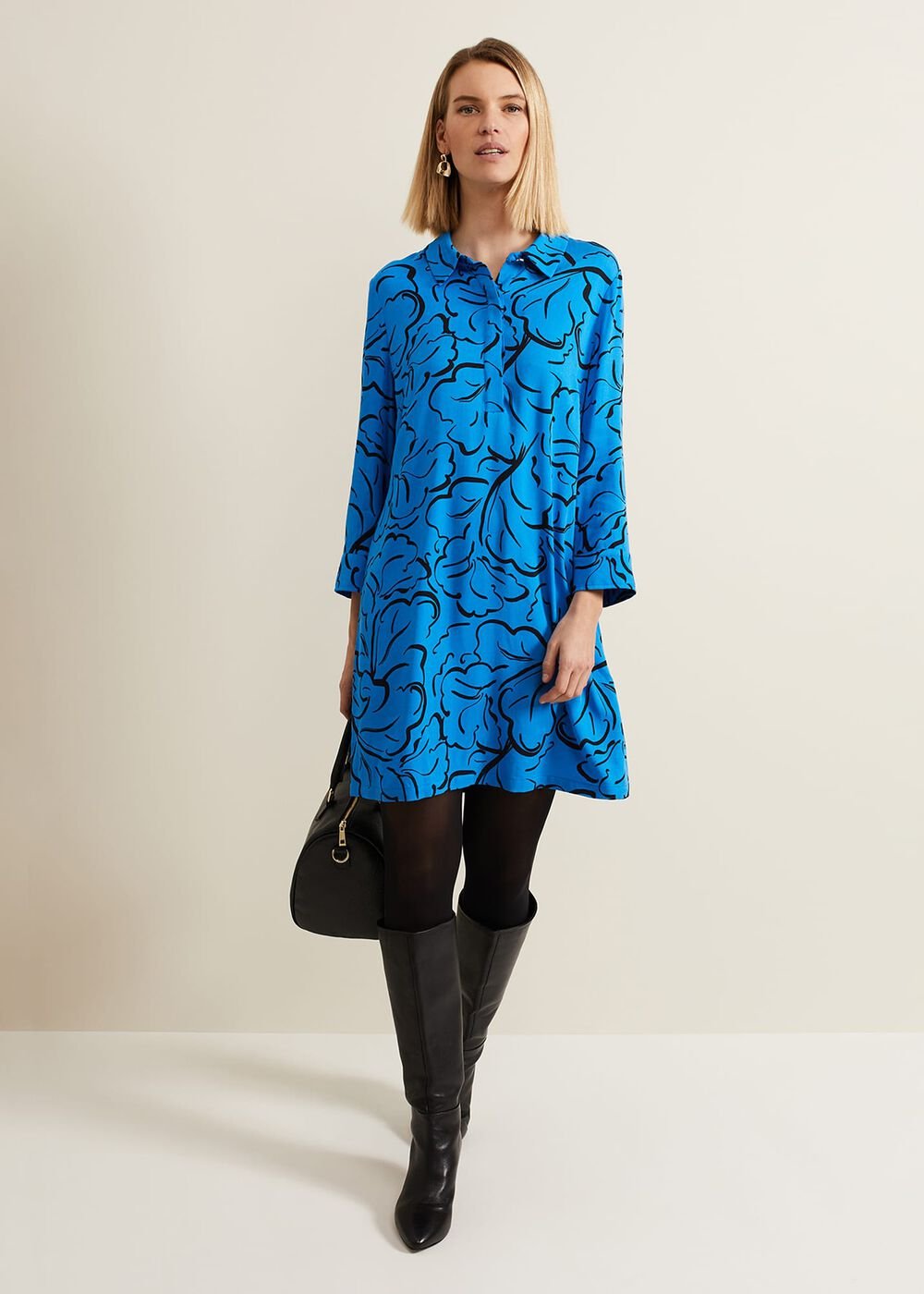Marina Leaf Print Tunic Dress - Blue
