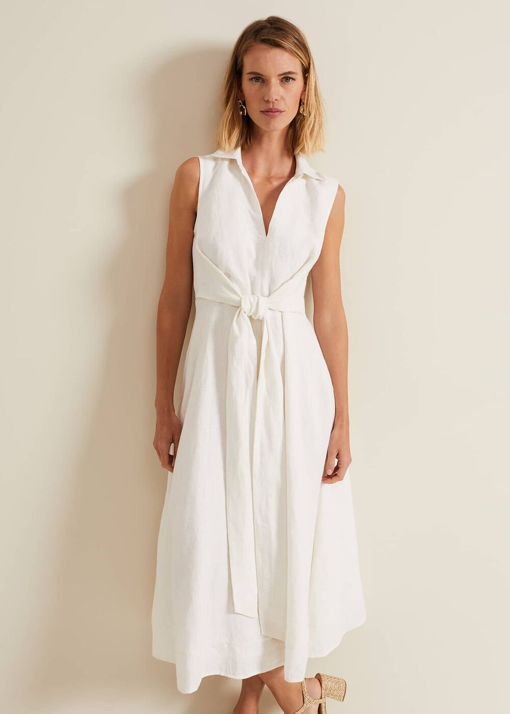 Becky Tie Front Midi Dress - White