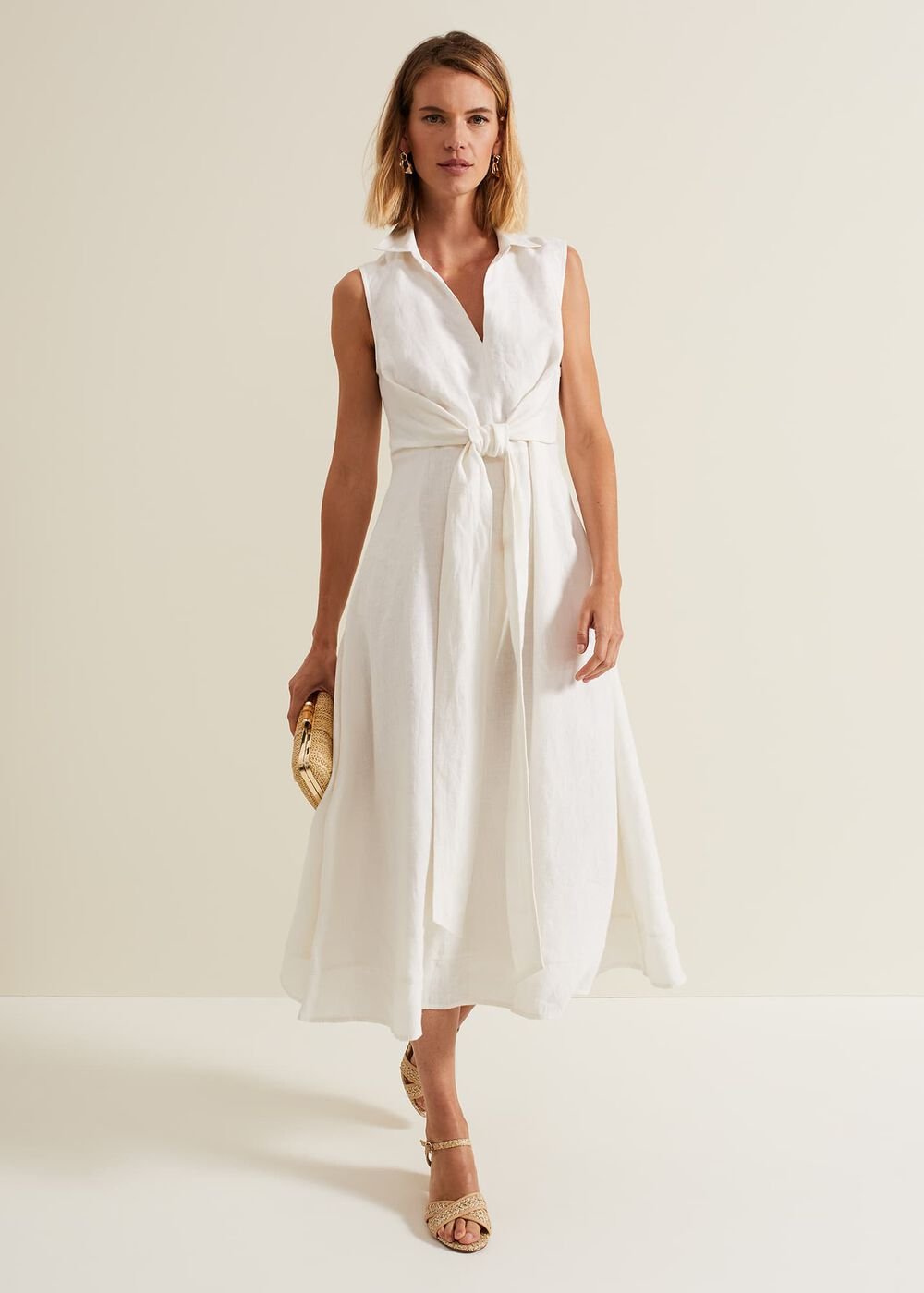 Becky Tie Front Midi Dress - White