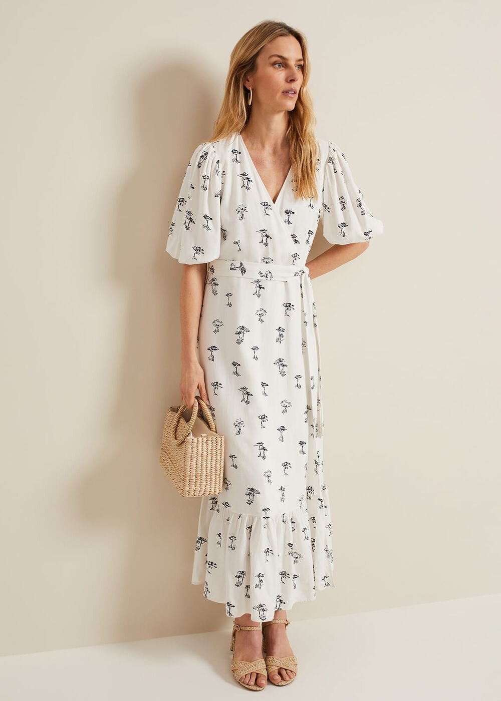 Nelly Linen Wrap Midi Dress - Cream