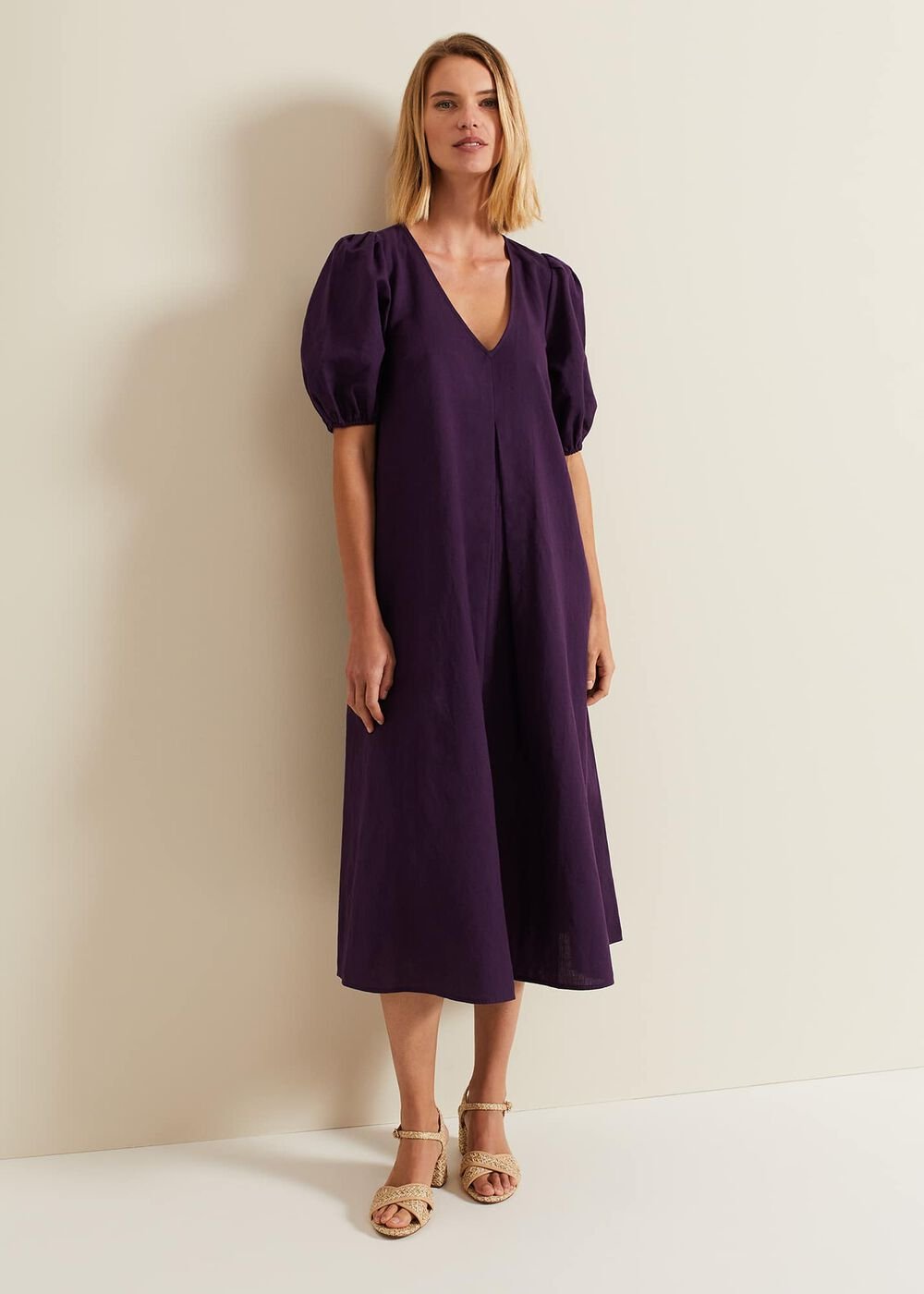 Lotty Puff Sleeve Midi Dress - Purple