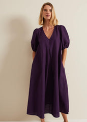 Lotty Puff Sleeve Midi Dress - Purple
