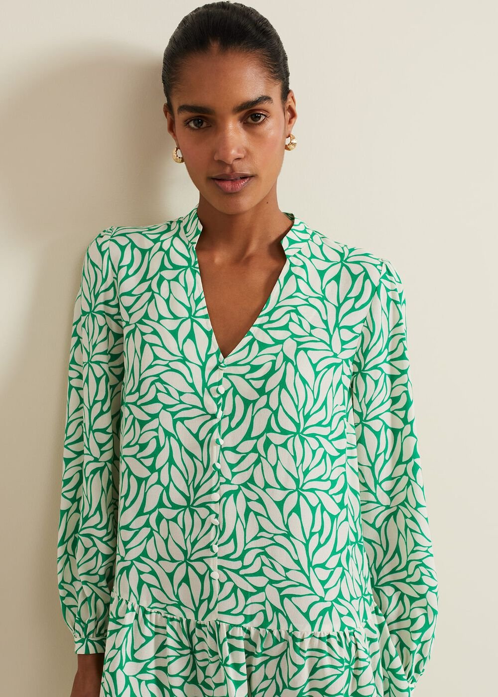 Penele Leaf Print Swing Dress - Green