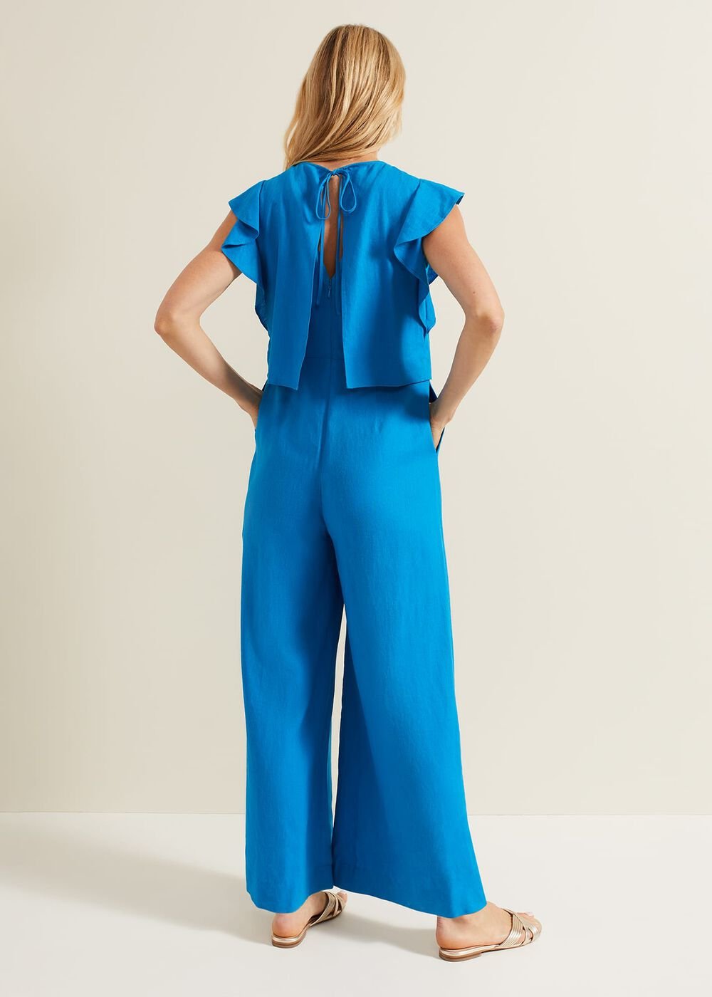 Aubrey Blue Linen Frill Jumpsuit - Blue