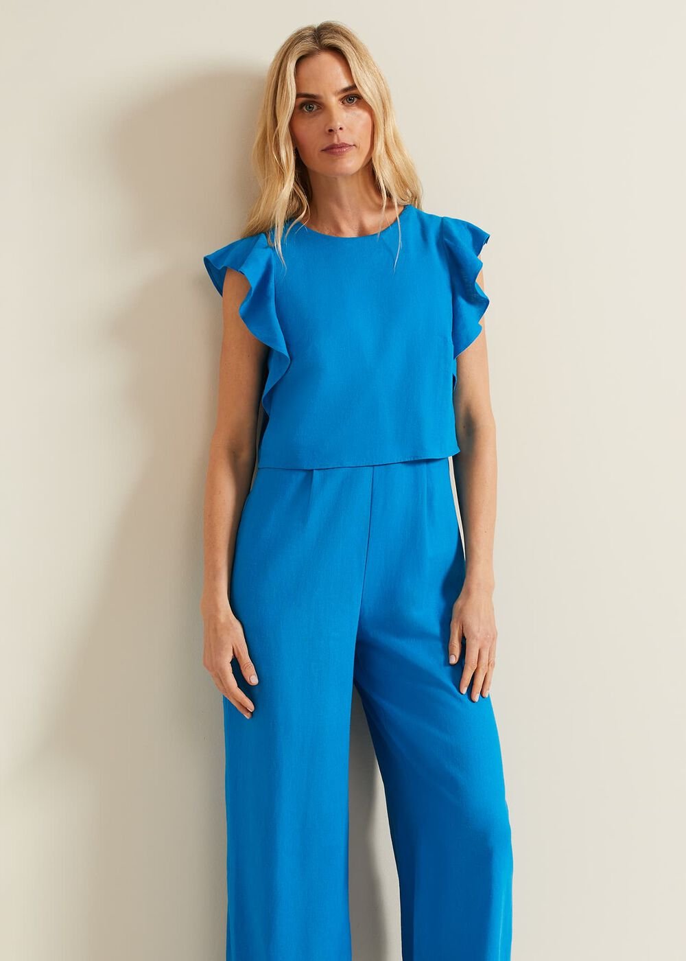 Aubrey Blue Linen Frill Jumpsuit - Blue