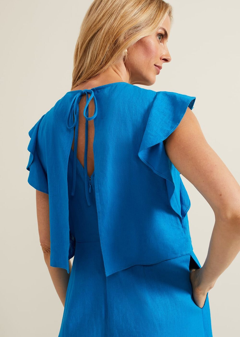 Aubrey Blue Linen Frill Jumpsuit - Blue