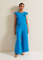 Petite Aubrey Blue Linen Frill Jumpsuit - Blue