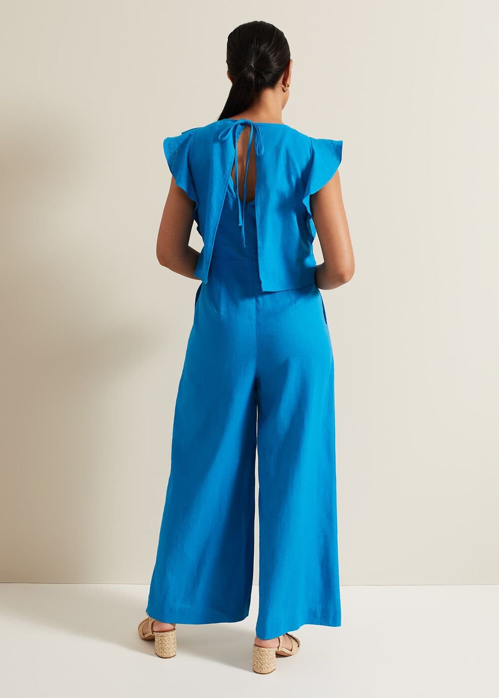 Petite Aubrey Blue Linen Frill Jumpsuit - Blue