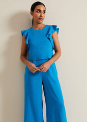 Petite Aubrey Blue Linen Frill Jumpsuit - Blue