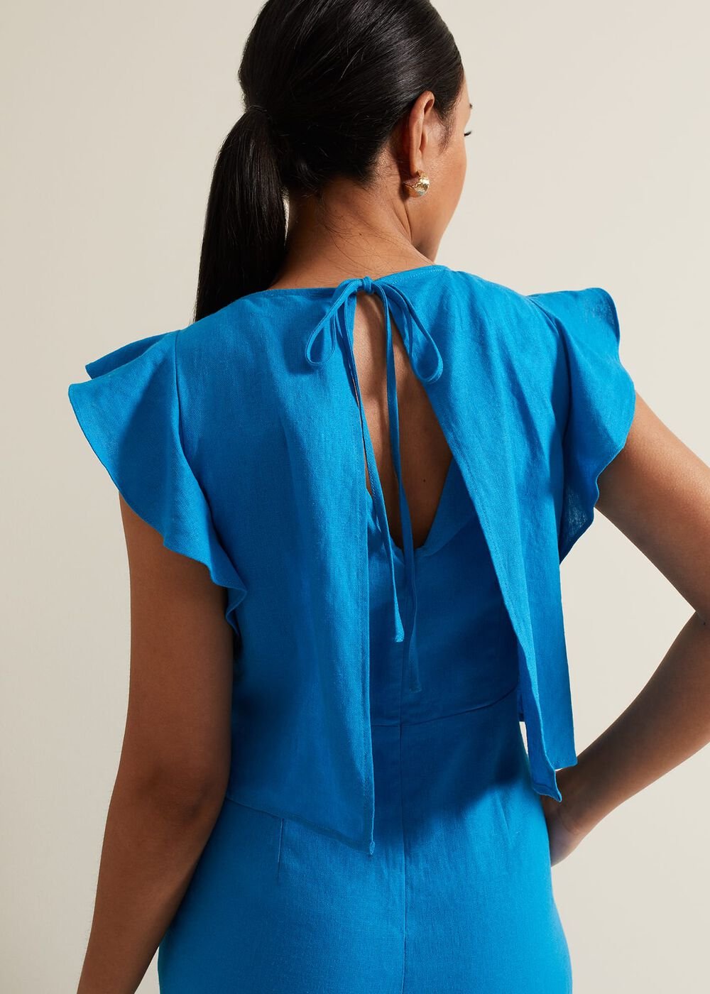 Petite Aubrey Blue Linen Frill Jumpsuit - Blue