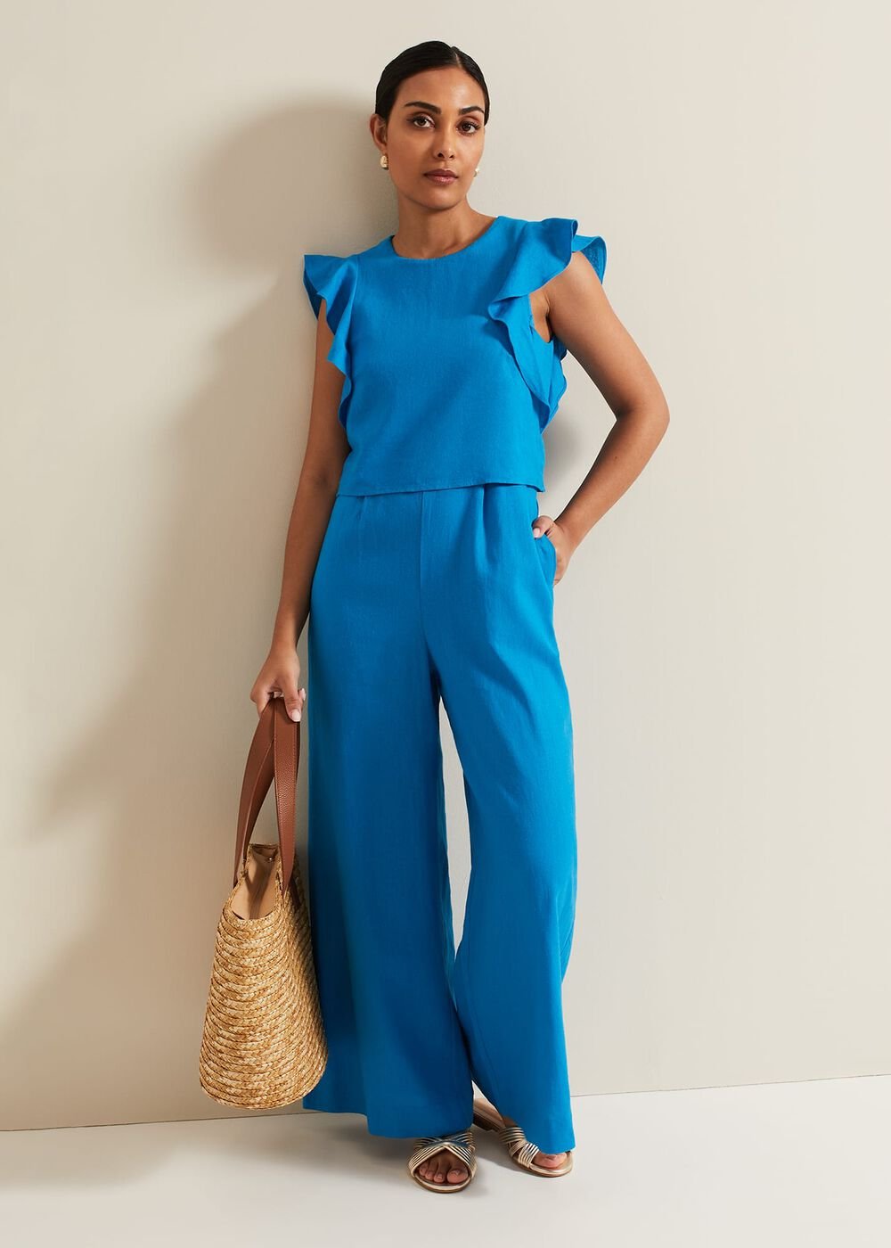 Petite Aubrey Blue Linen Frill Jumpsuit - Blue