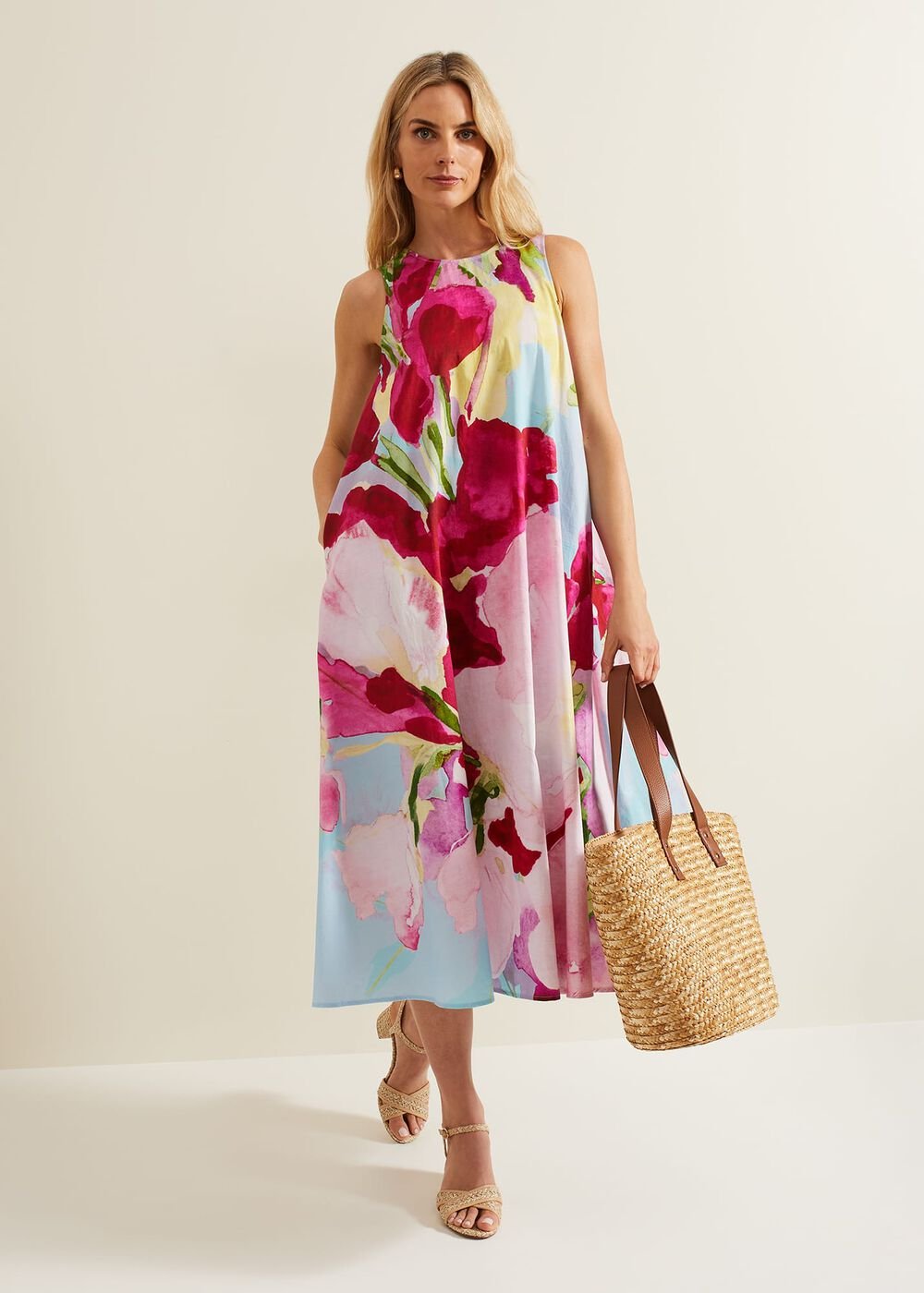 Leila Cotton Floral Midi Dress - Pink