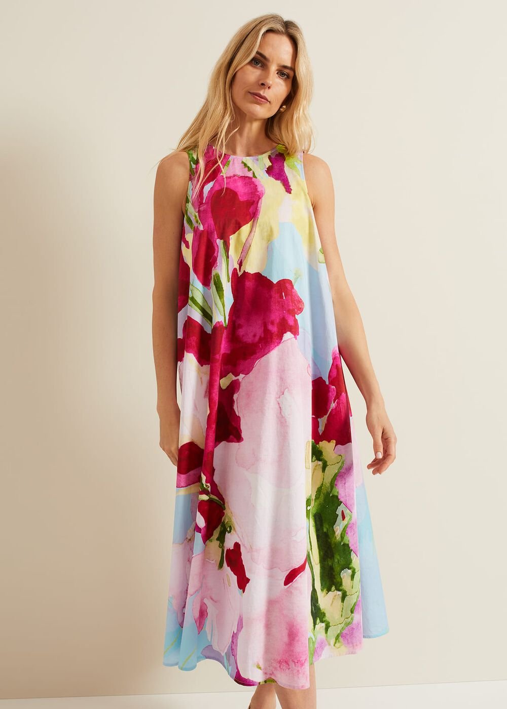 Leila Cotton Floral Midi Dress - Pink