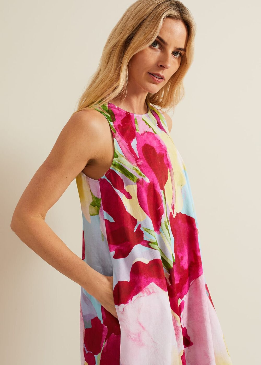 Leila Cotton Floral Midi Dress - Pink