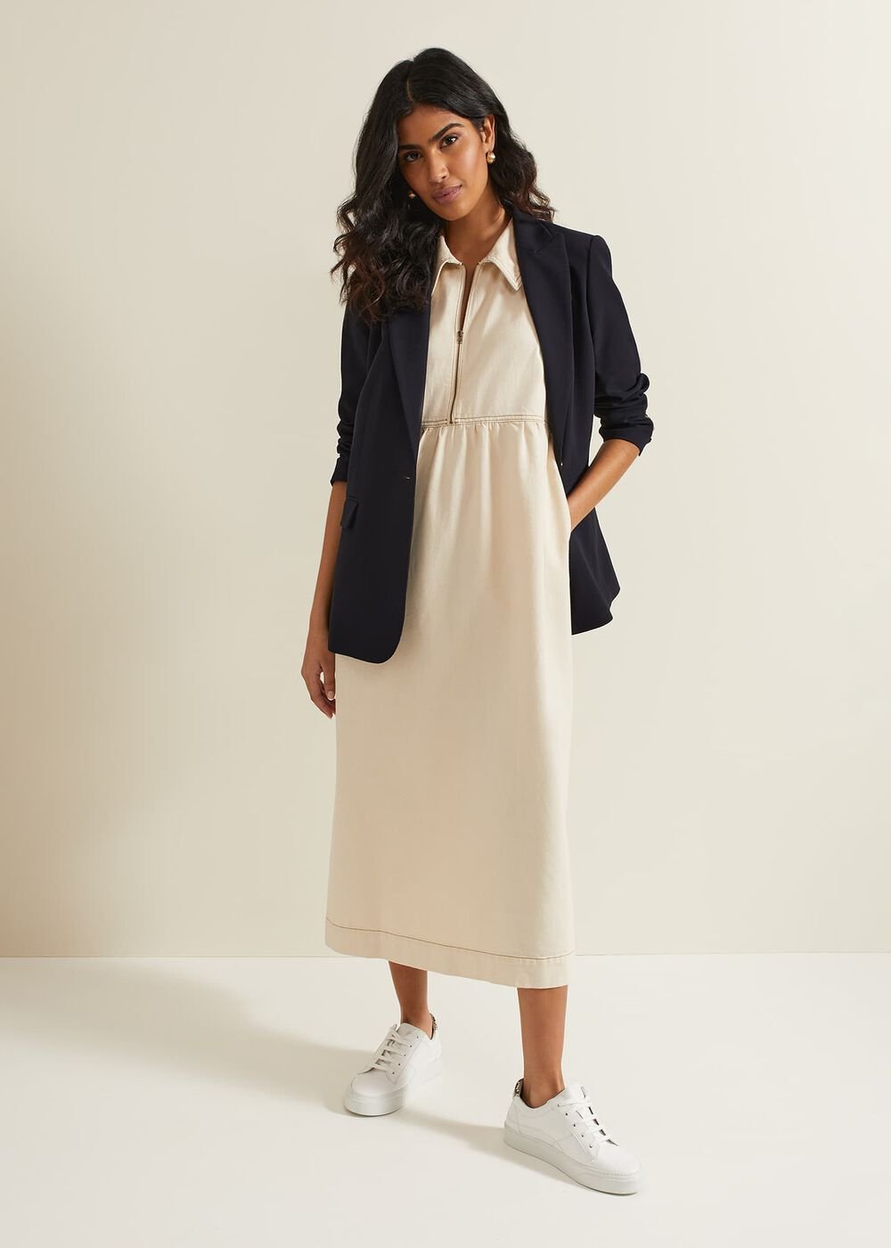 Blakely Zip Denim Midi Dress - Cream