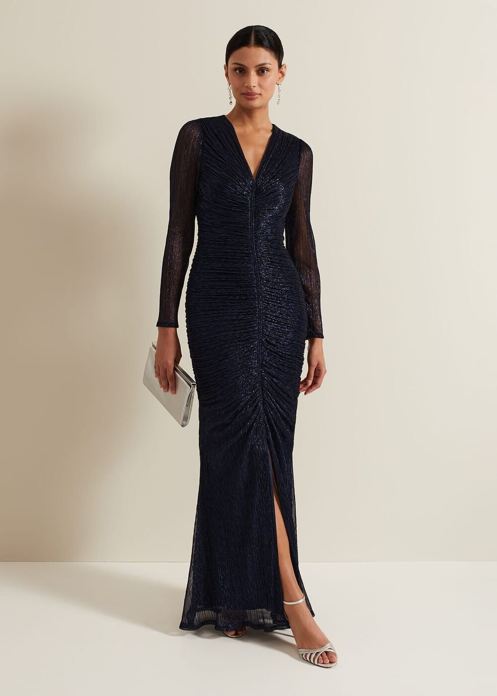 Shannia Ruched Shimmer Maxi Dress - Blue