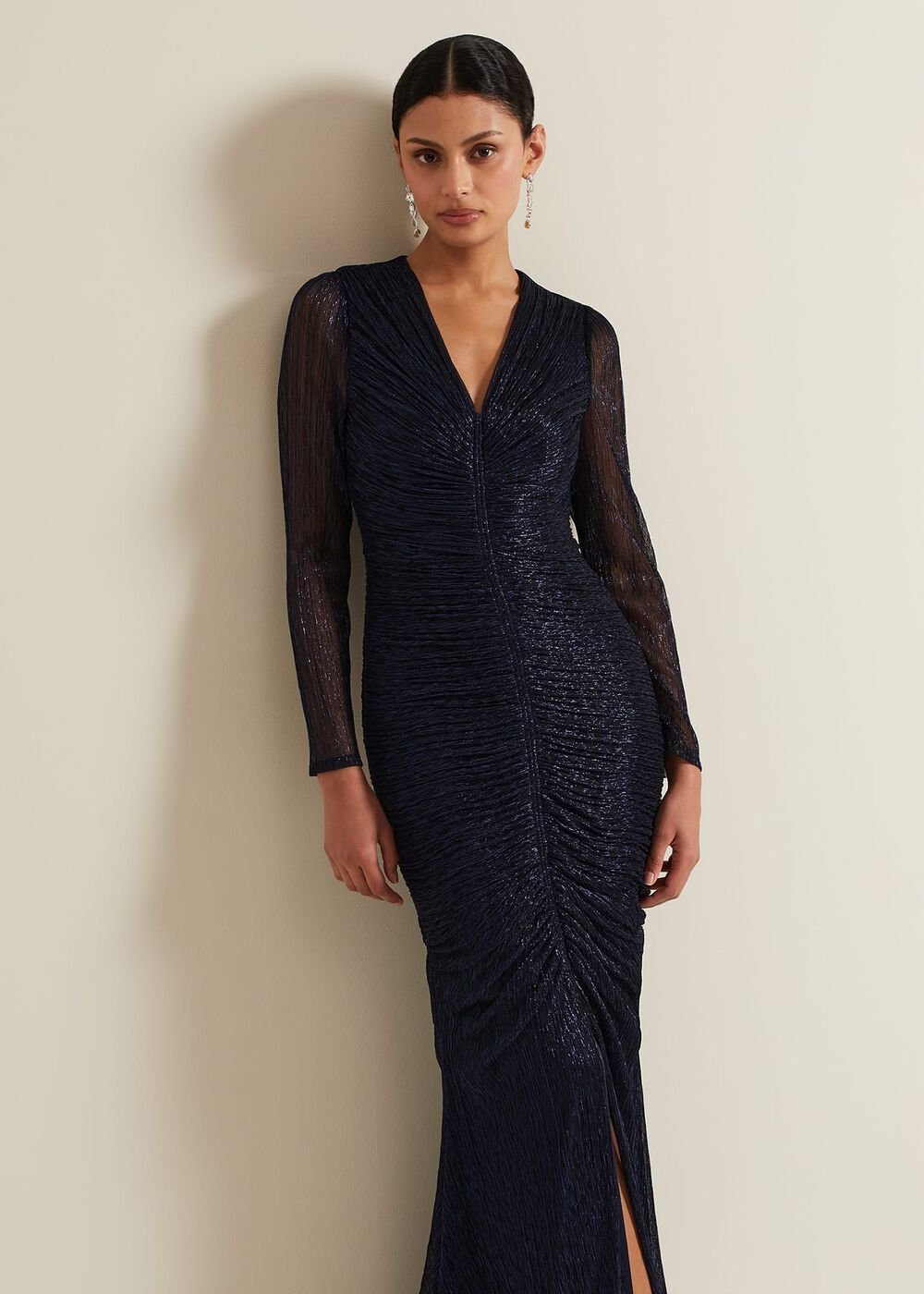 Shannia Ruched Shimmer Maxi Dress - Blue