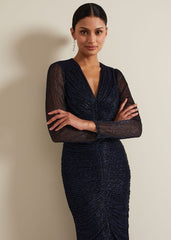 Shannia Ruched Shimmer Maxi Dress - Blue