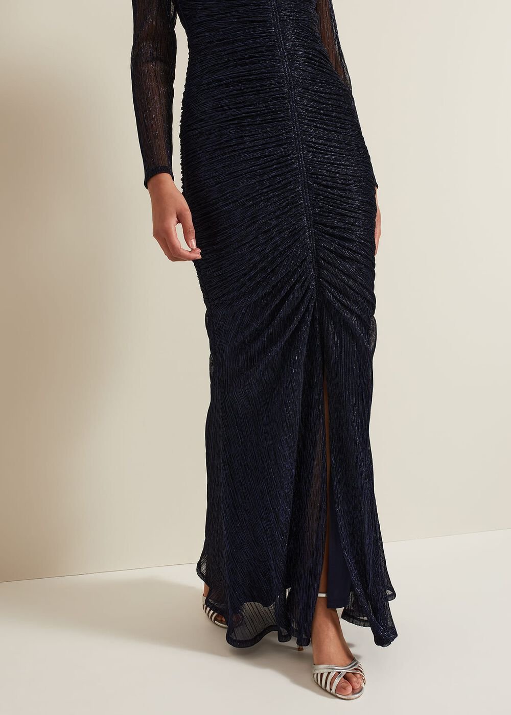 Shannia Ruched Shimmer Maxi Dress - Blue