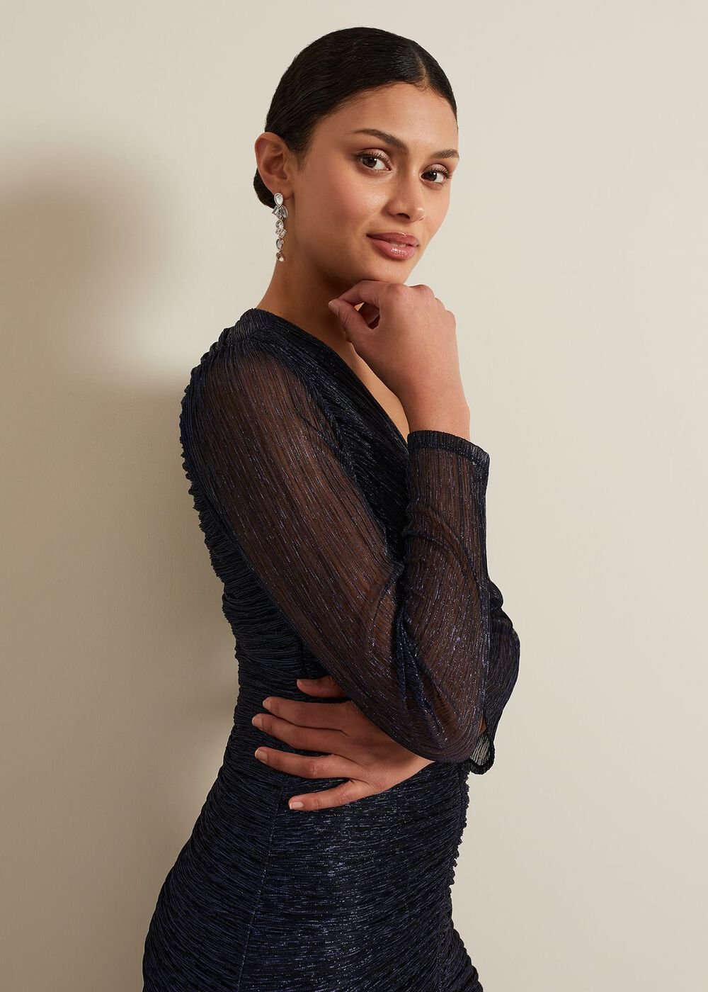 Shannia Ruched Shimmer Maxi Dress - Blue