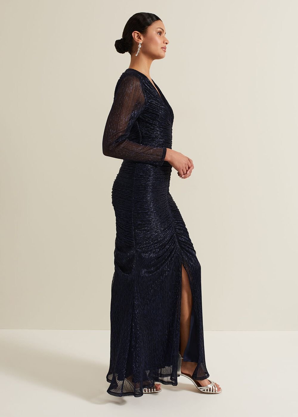 Shannia Ruched Shimmer Maxi Dress - Blue